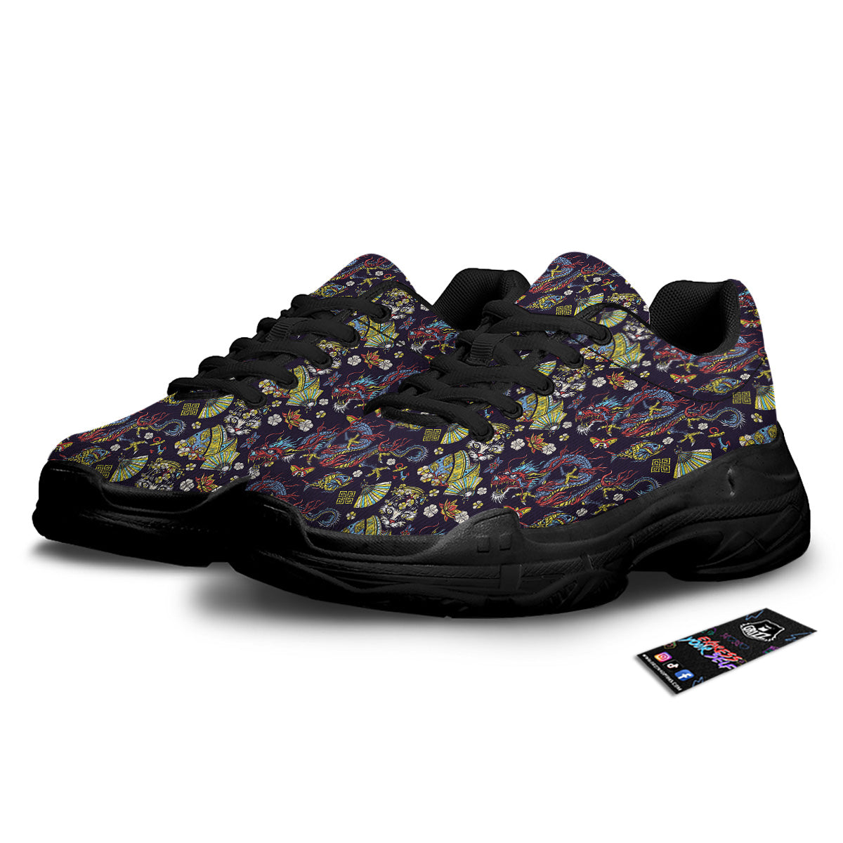 Japanese Dragons And Cat Tattoo Print Pattern Black Chunky Shoes-grizzshop