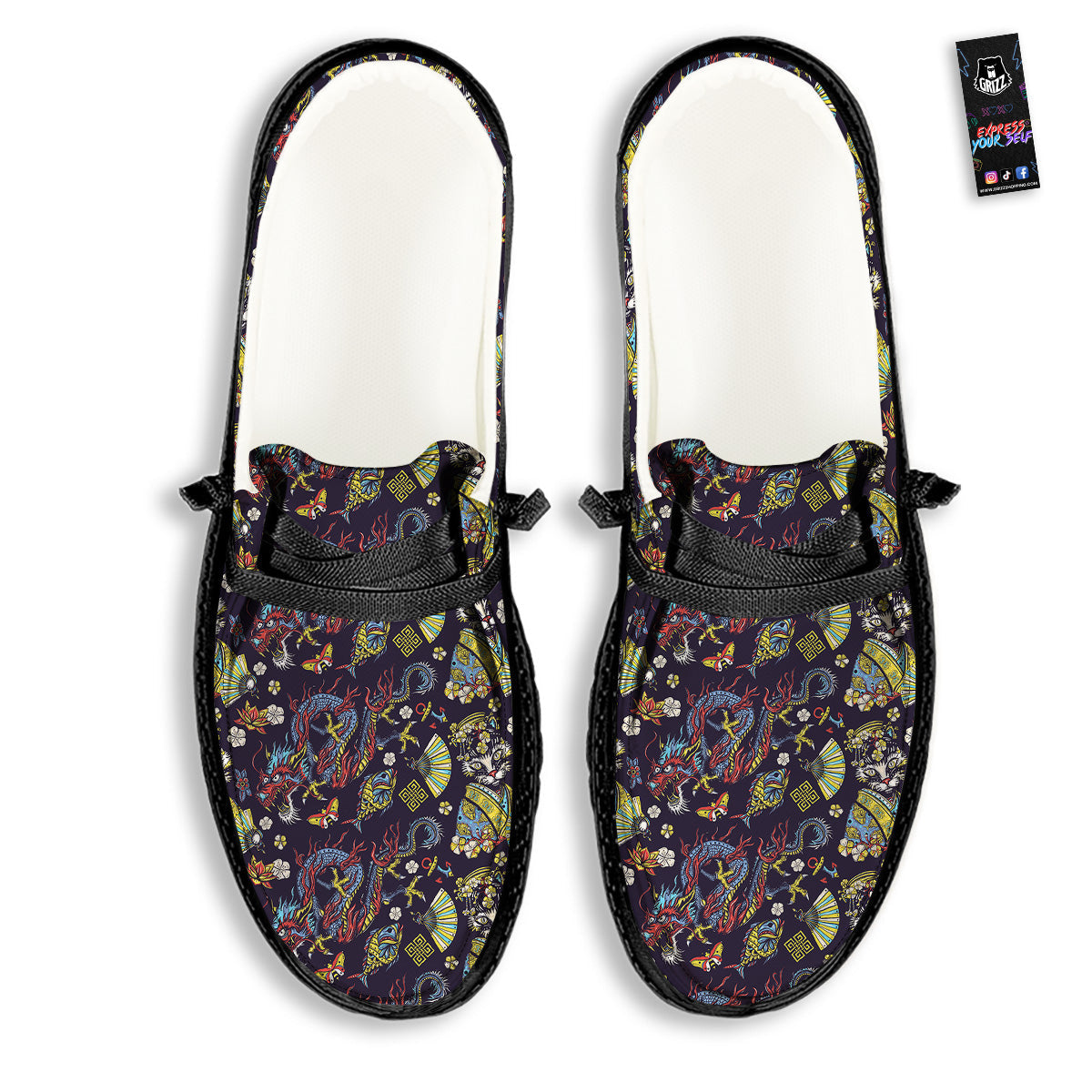 Japanese Dragons And Cat Tattoo Print Pattern Black Loafers-grizzshop
