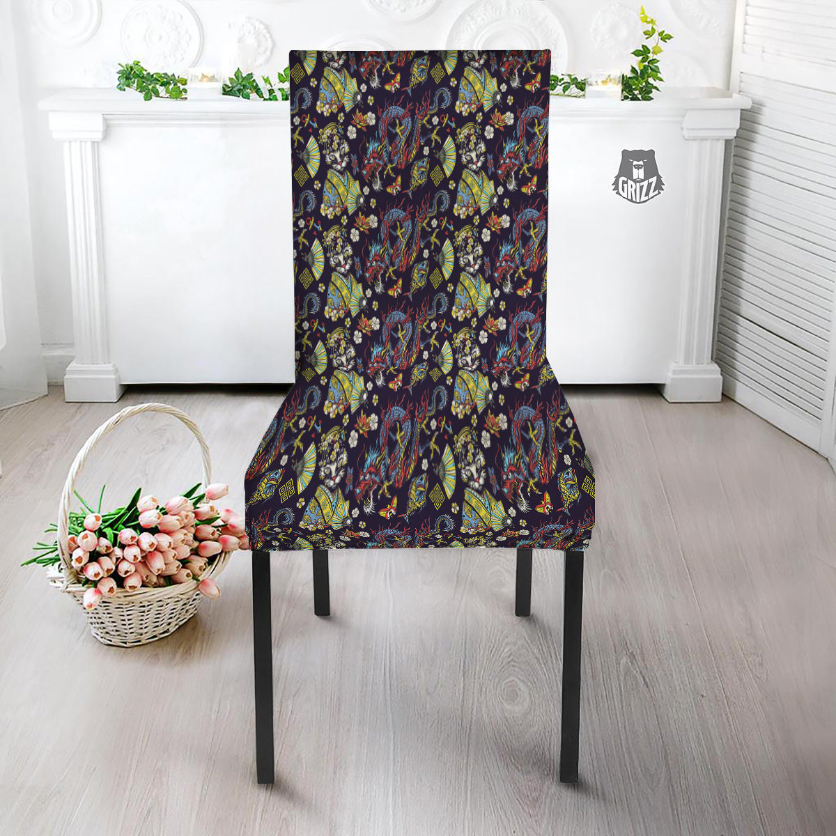 Japanese Dragons And Cat Tattoo Print Pattern Dining Chair Slipcover-grizzshop