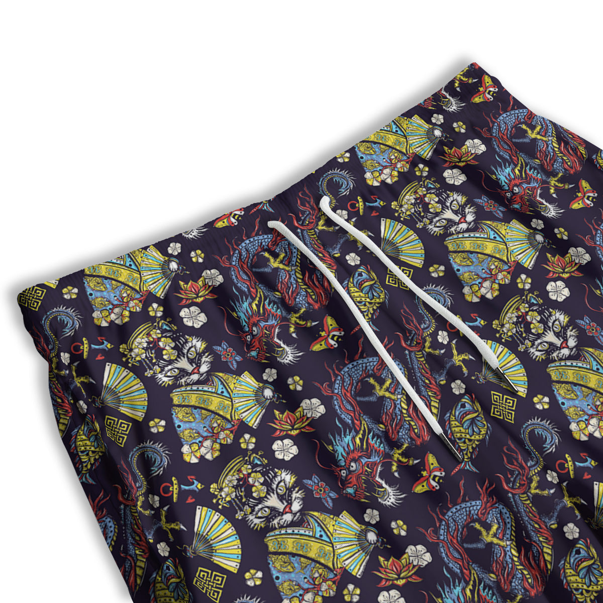 Japanese Dragons And Cat Tattoo Print Pattern Men's Athletic Shorts