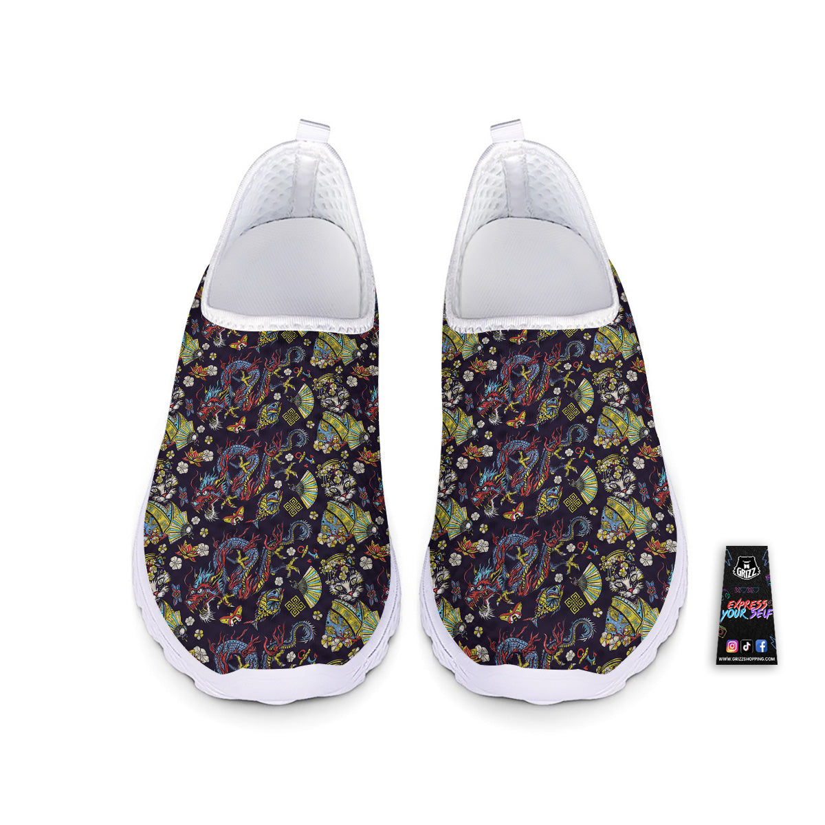 Japanese Dragons And Cat Tattoo Print Pattern Nurse Shoes-grizzshop