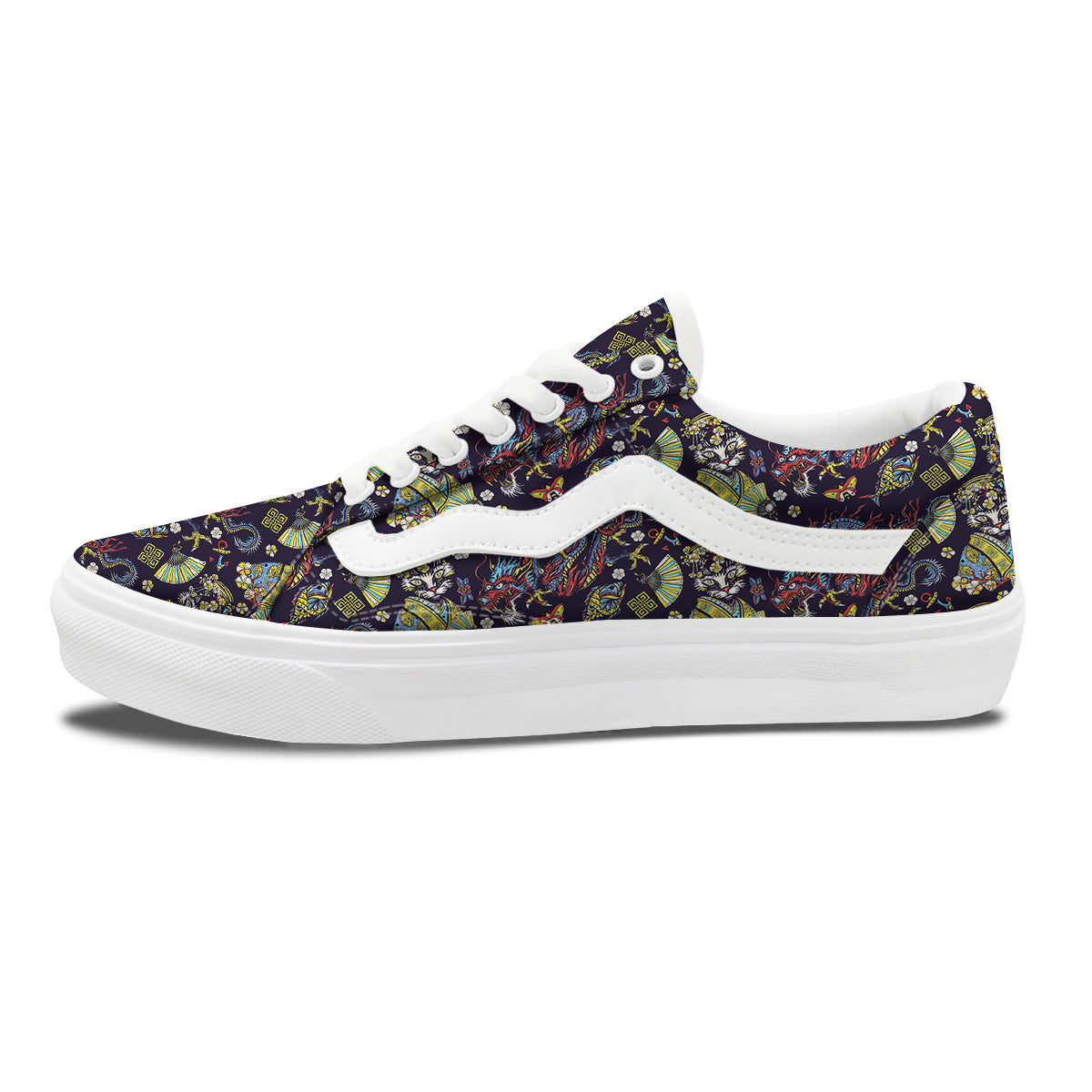 Japanese Dragons And Cat Tattoo Print Pattern Skate Shoes-grizzshop