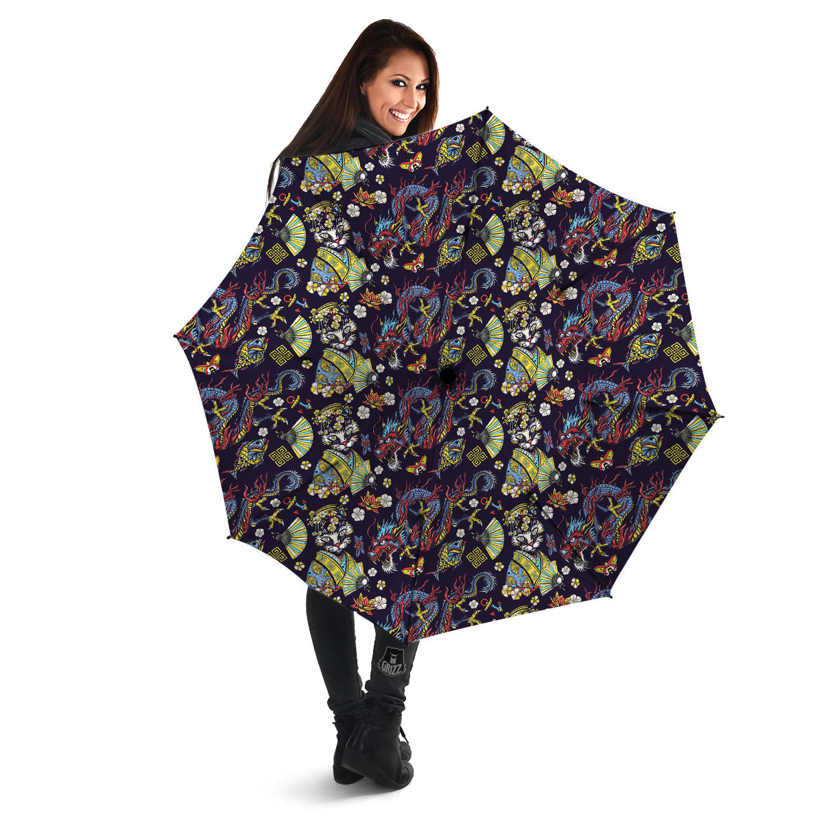 Japanese Dragons And Cat Tattoo Print Pattern Umbrella-grizzshop