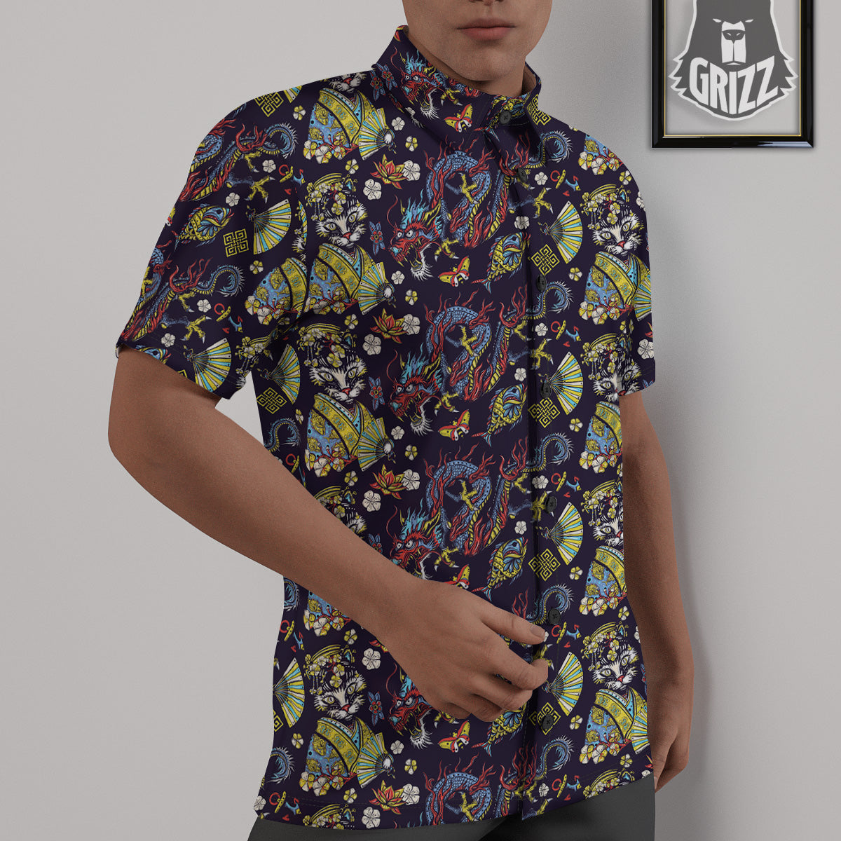 Japanese Dragons And Cat Tattoo Print Pattern Untucked Shirts-grizzshop