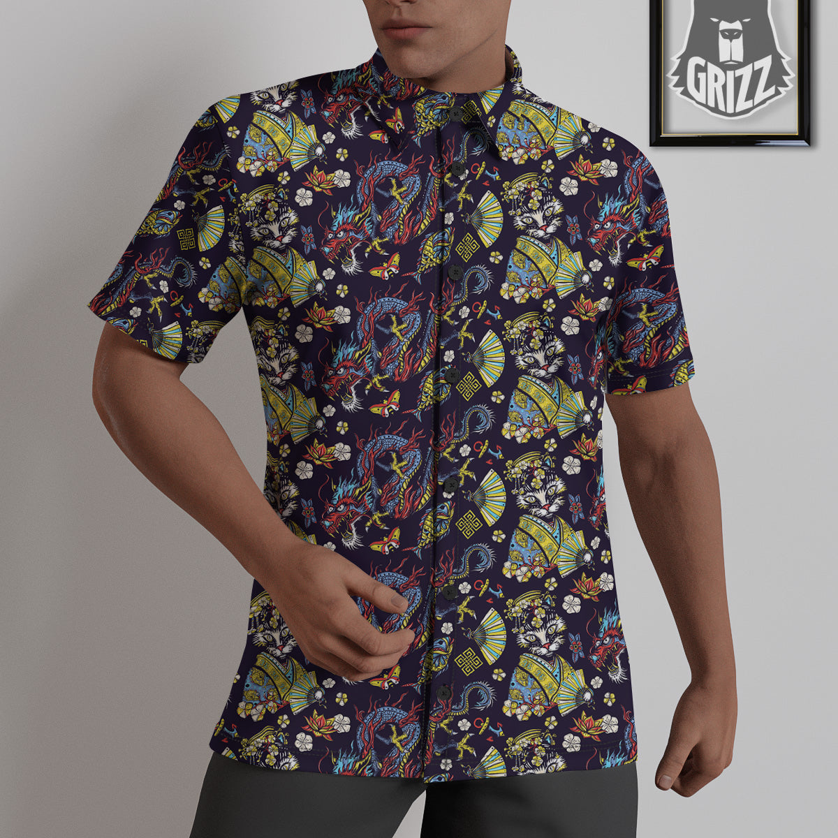 Japanese Dragons And Cat Tattoo Print Pattern Untucked Shirts-grizzshop