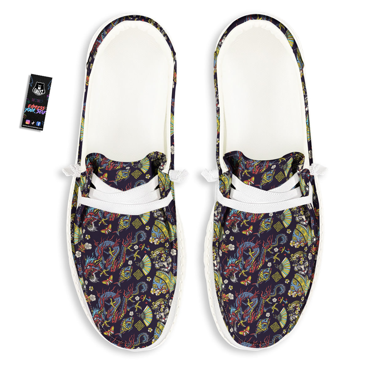 Japanese Dragons And Cat Tattoo Print Pattern White Loafers-grizzshop