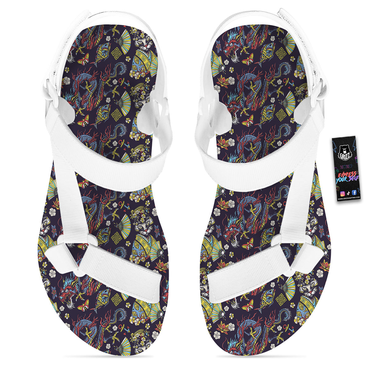 Japanese Dragons And Cat Tattoo Print Pattern White Open Toe Sandals-grizzshop