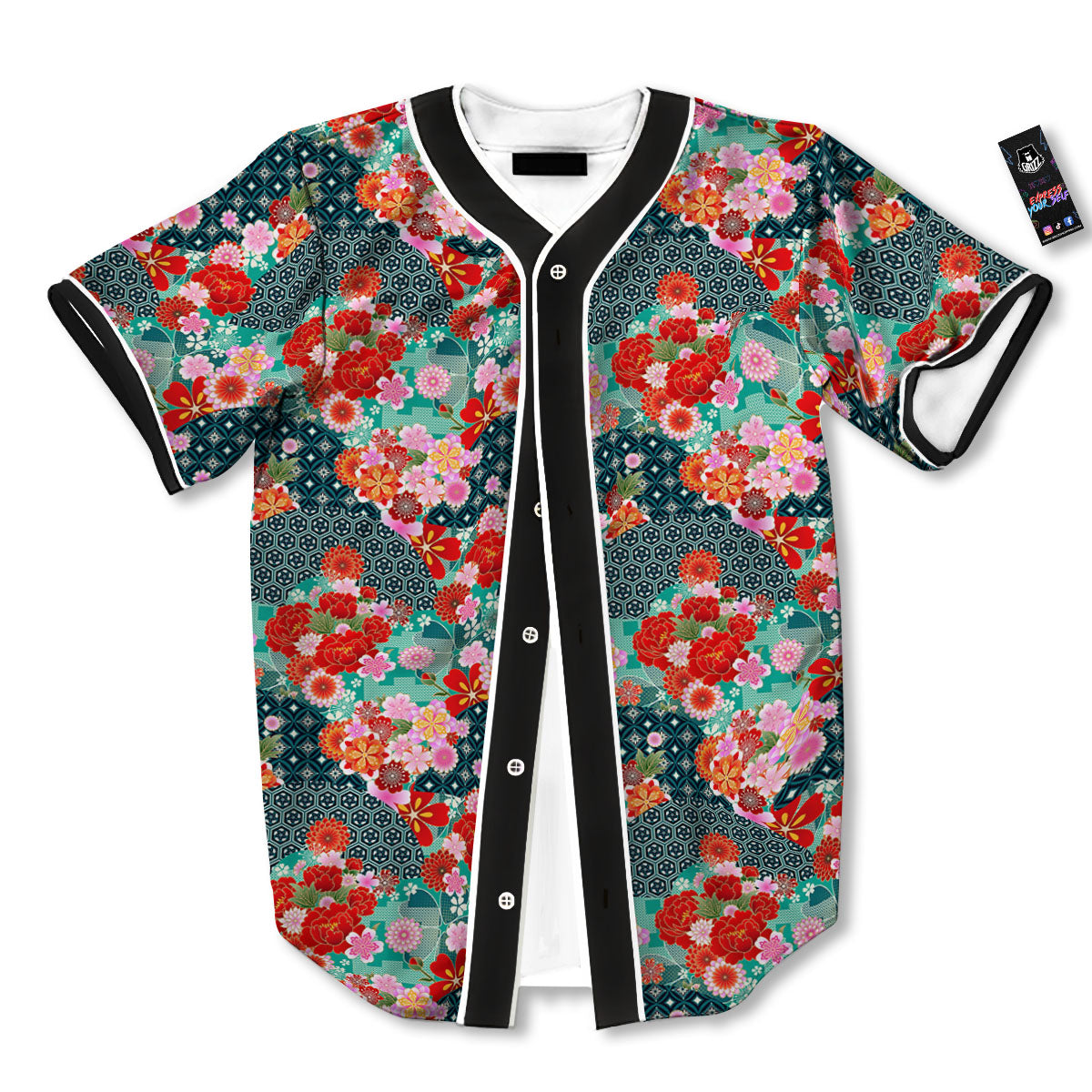Japanese Flower Colorful Print Pattern Colorful Baseball Jersey-grizzshop
