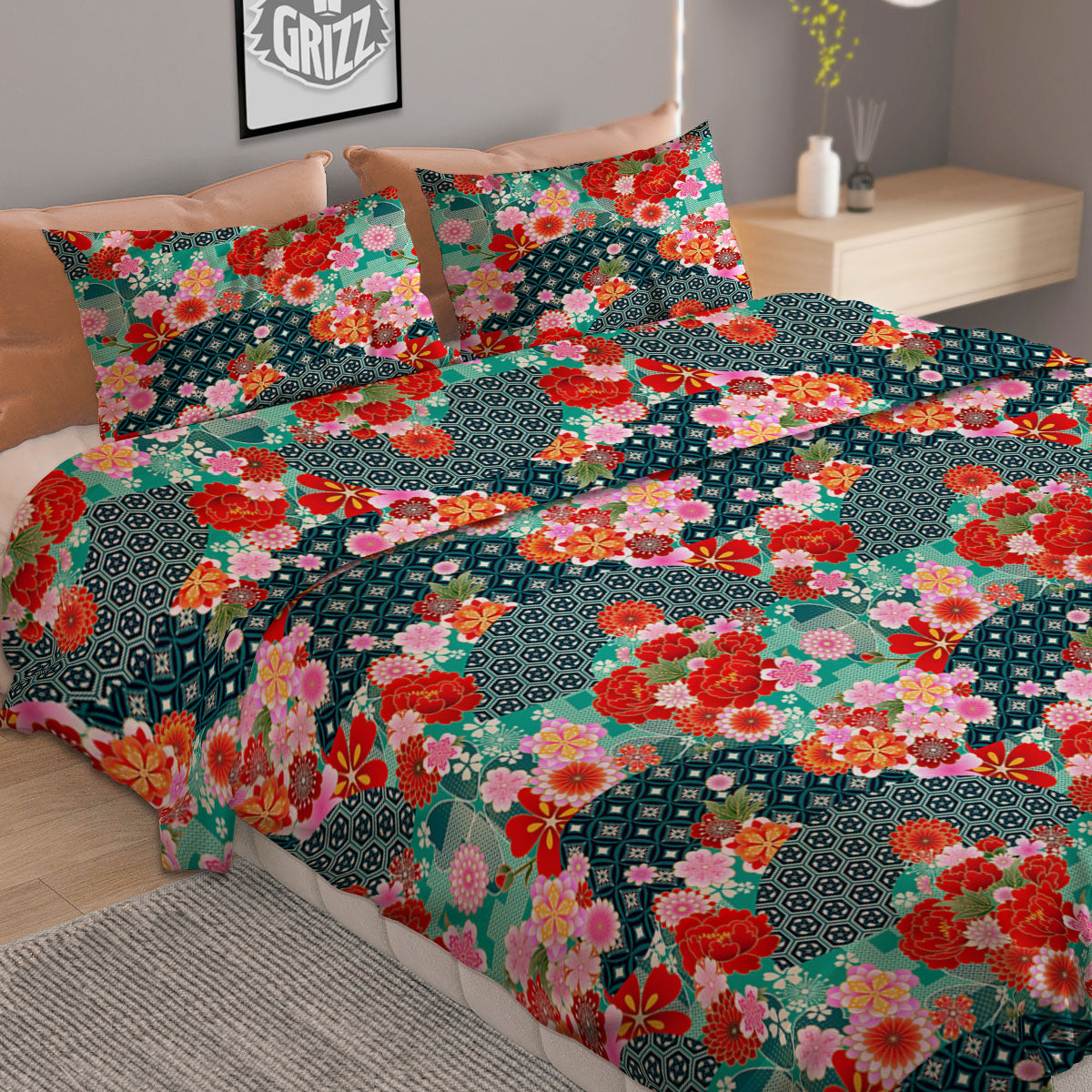 Japanese Flower Colorful Print Pattern Colorful Duvet Cover Bedding Set-grizzshop