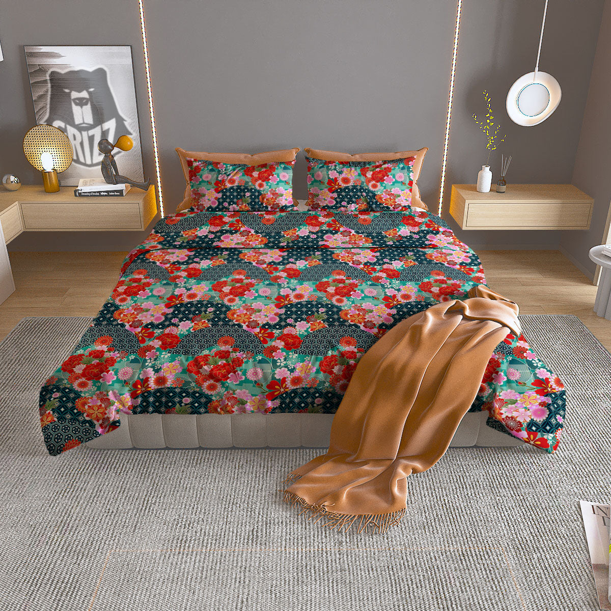 Japanese Flower Colorful Print Pattern Colorful Duvet Cover Bedding Set-grizzshop
