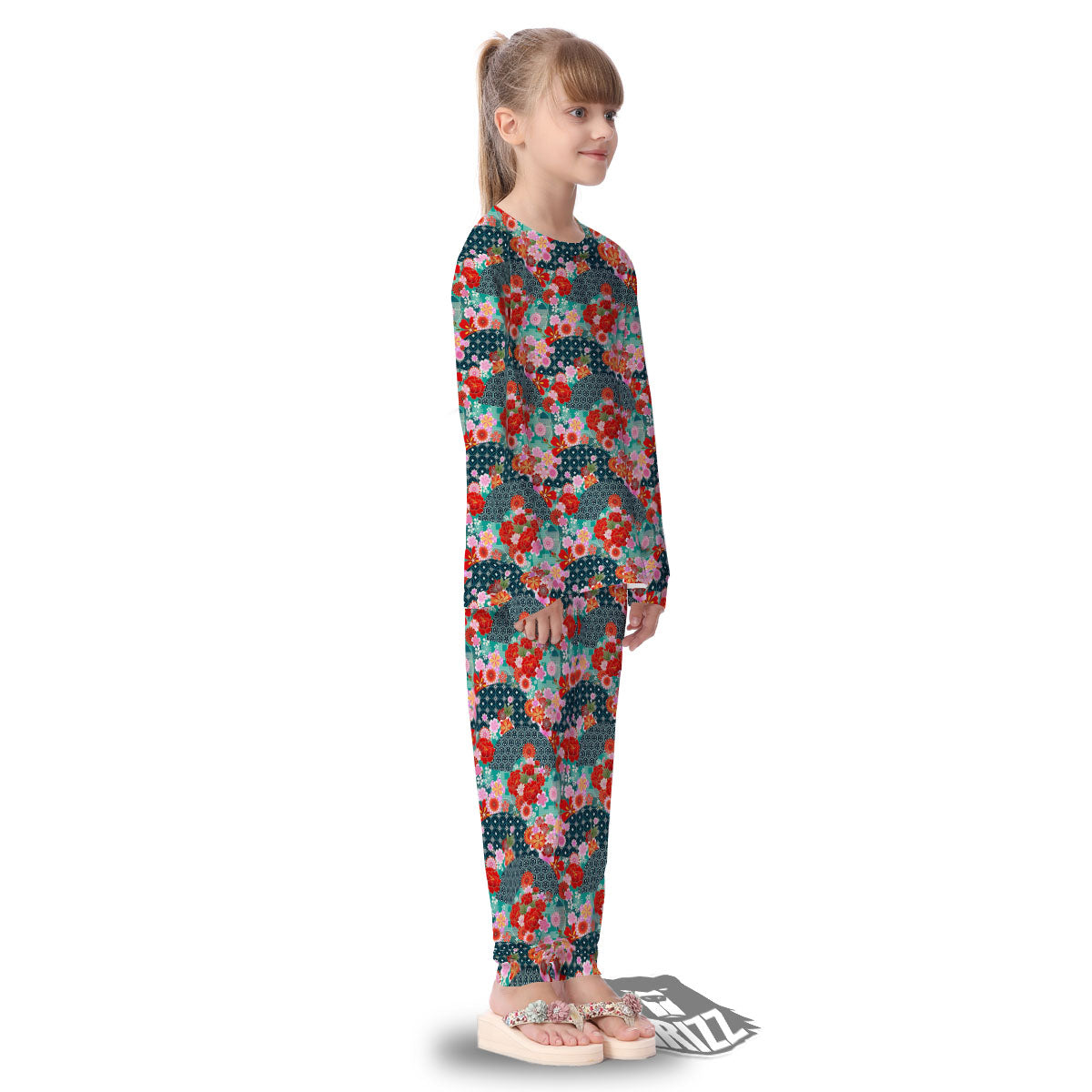 Japanese Flower Colorful Print Pattern Colorful Kid's Pajamas-grizzshop