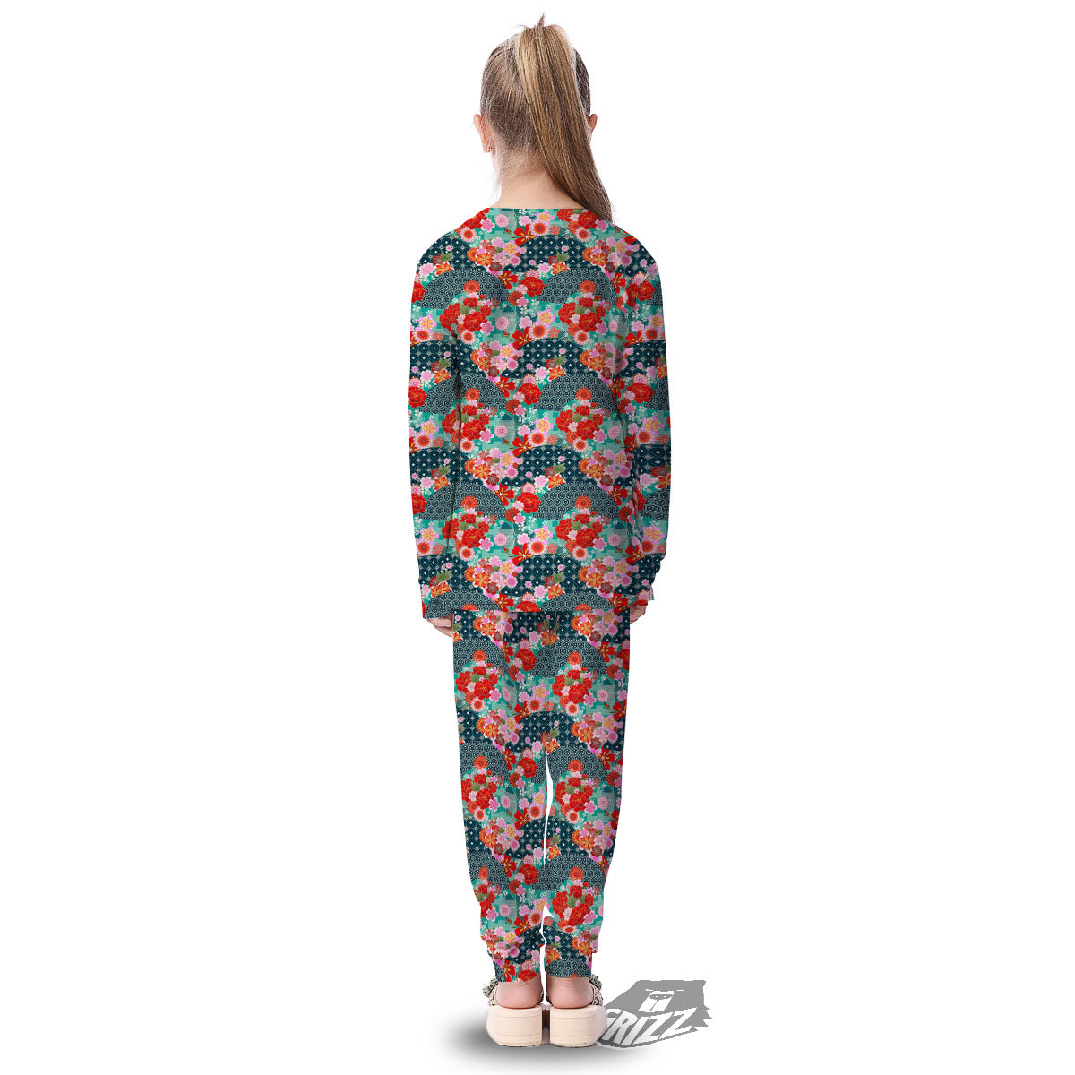 Japanese Flower Colorful Print Pattern Colorful Kid's Pajamas-grizzshop