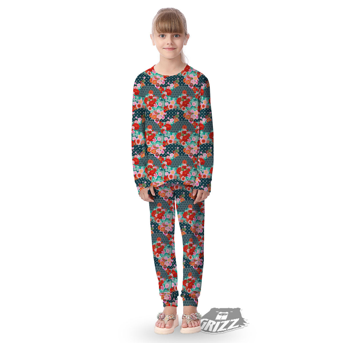 Japanese Flower Colorful Print Pattern Colorful Kid's Pajamas-grizzshop
