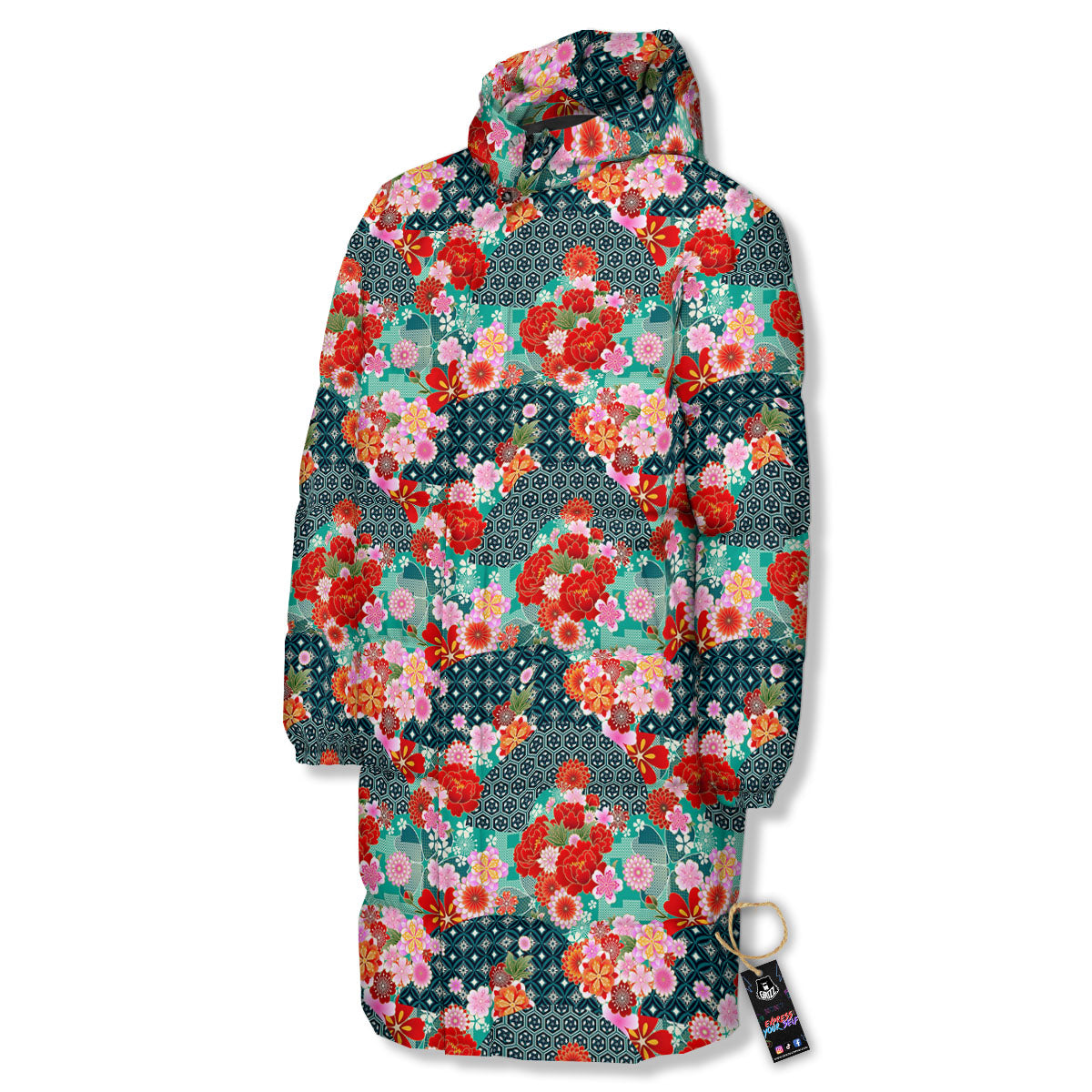 Japanese Flower Colorful Print Pattern Colorful Long Down Jacket-grizzshop