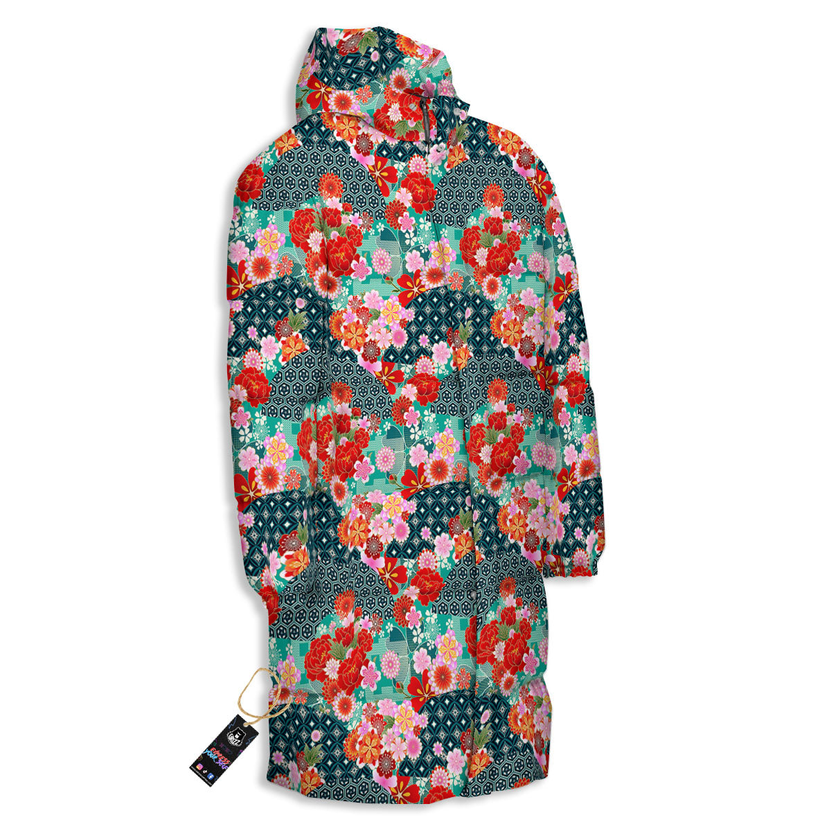Japanese Flower Colorful Print Pattern Colorful Long Down Jacket-grizzshop