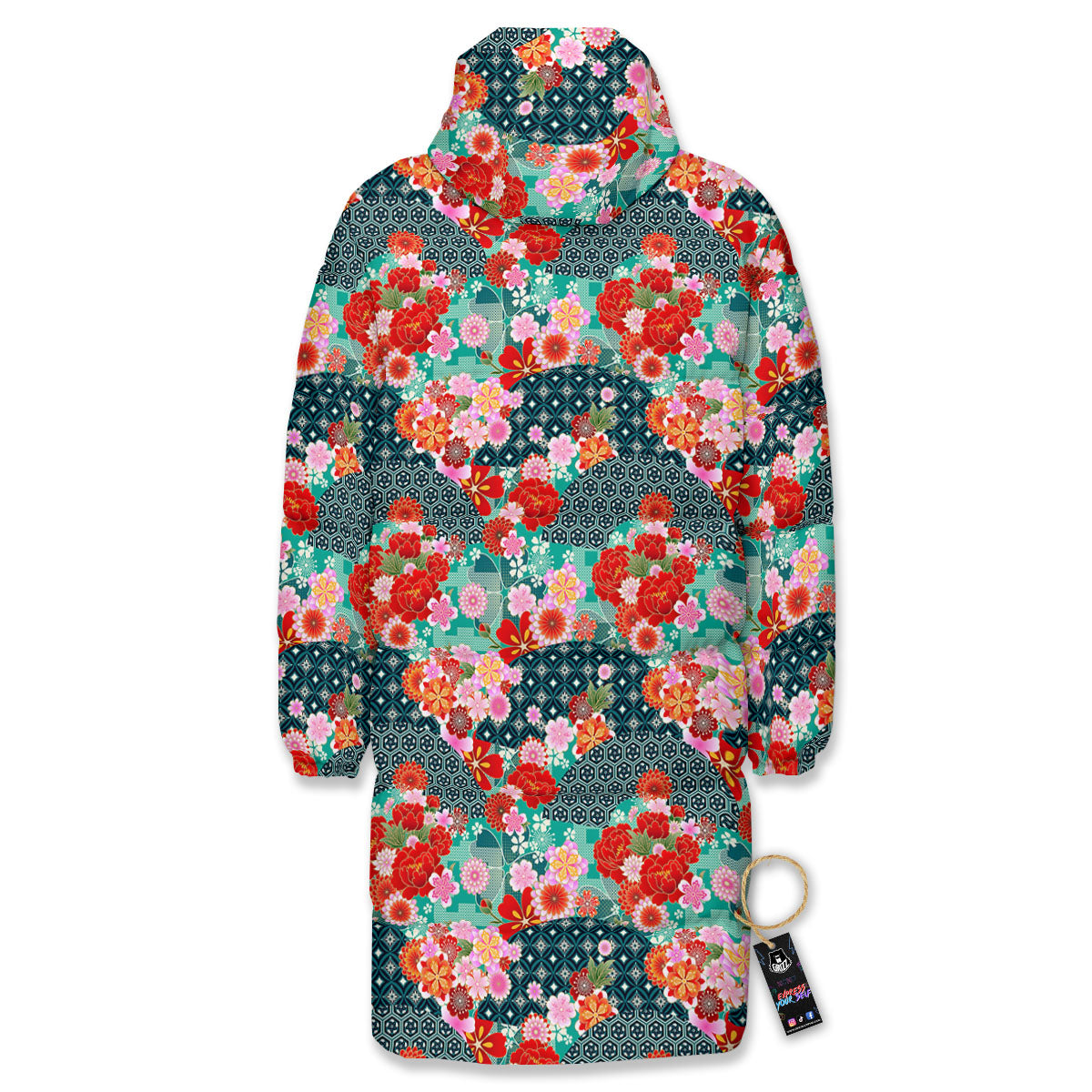 Japanese Flower Colorful Print Pattern Colorful Long Down Jacket-grizzshop