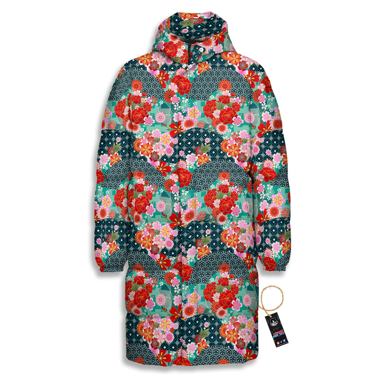 Japanese Flower Colorful Print Pattern Colorful Long Down Jacket-grizzshop