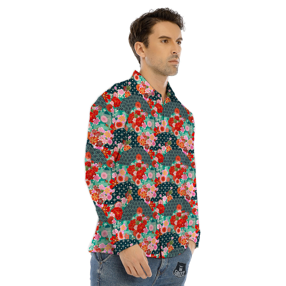 Japanese Flower Colorful Print Pattern Colorful Men's Dress Shirts-grizzshop