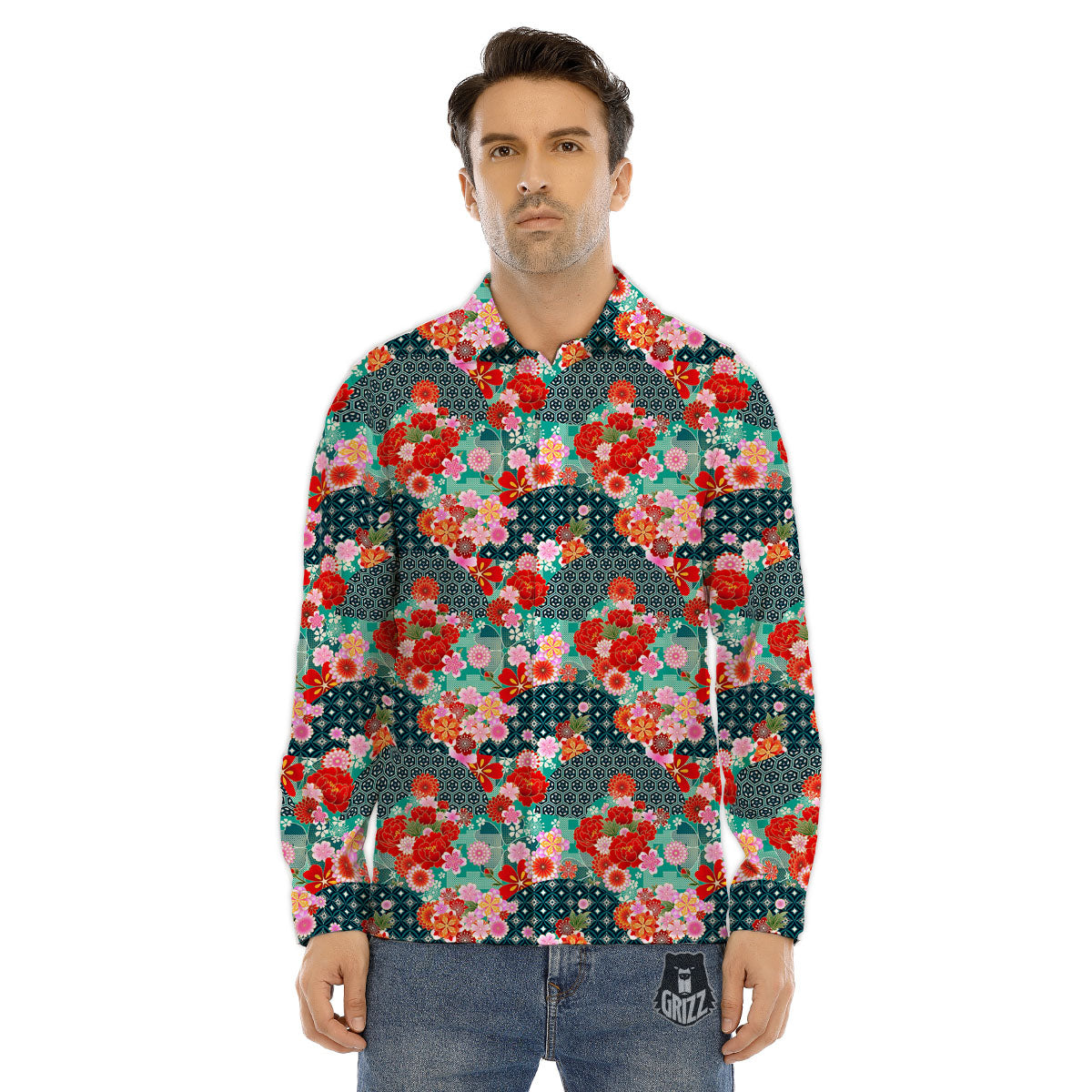 Japanese Flower Colorful Print Pattern Colorful Men's Dress Shirts-grizzshop