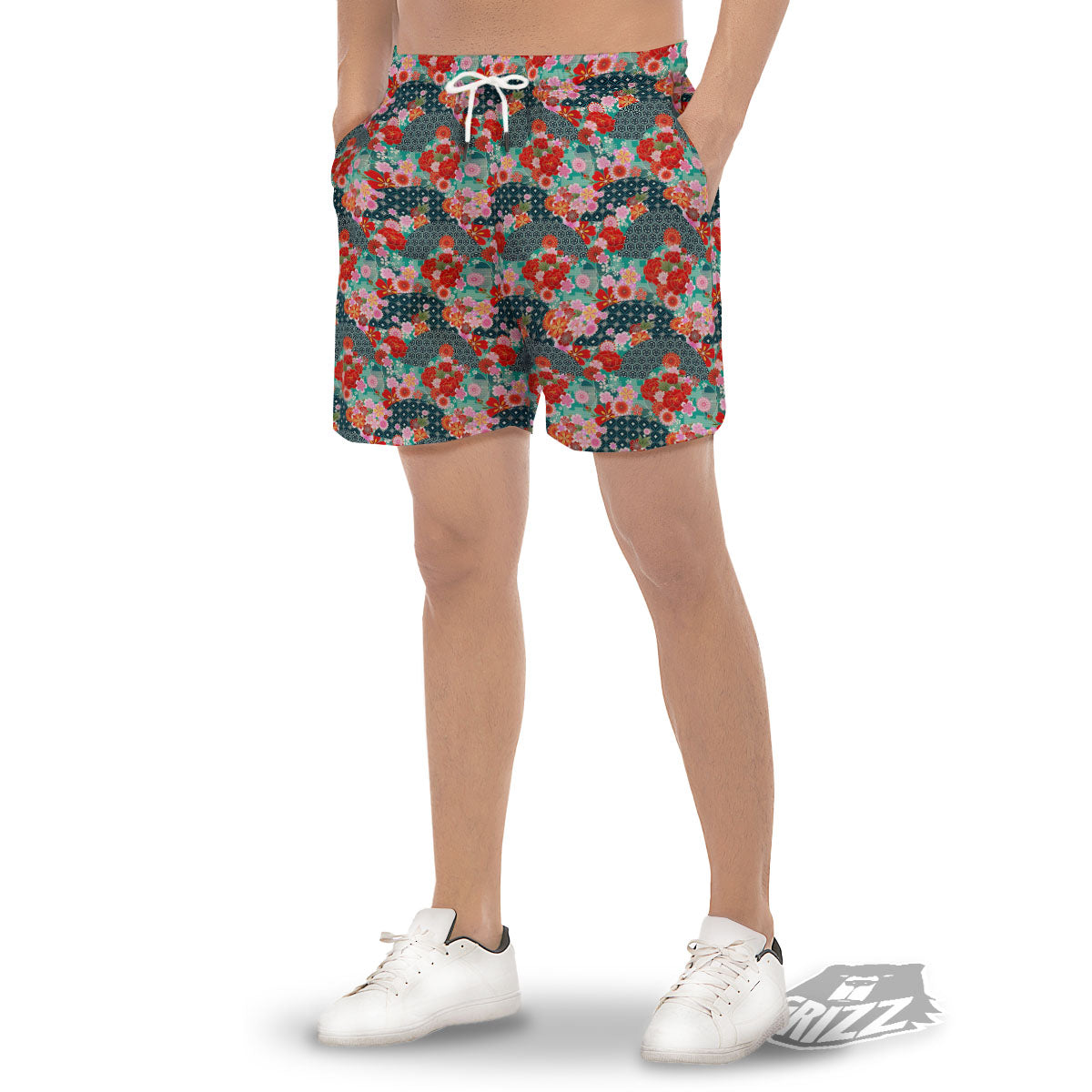 Japanese Flower Colorful Print Pattern Colorful Men's Gym Shorts-grizzshop