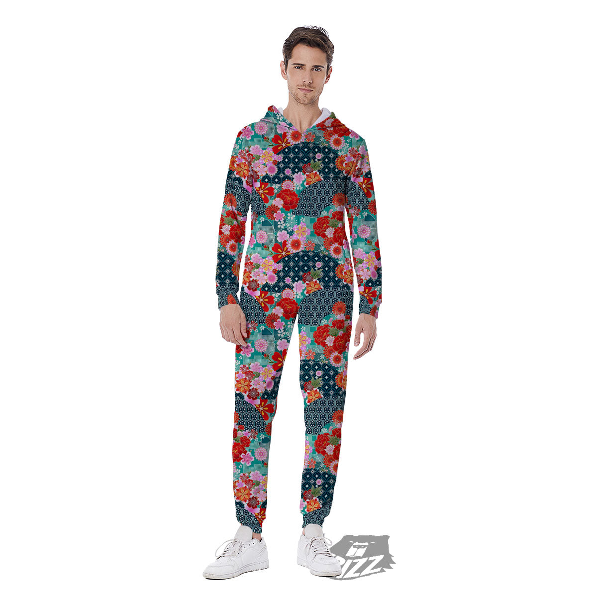 Japanese Flower Colorful Print Pattern Colorful Men's Jumpsuit-grizzshop