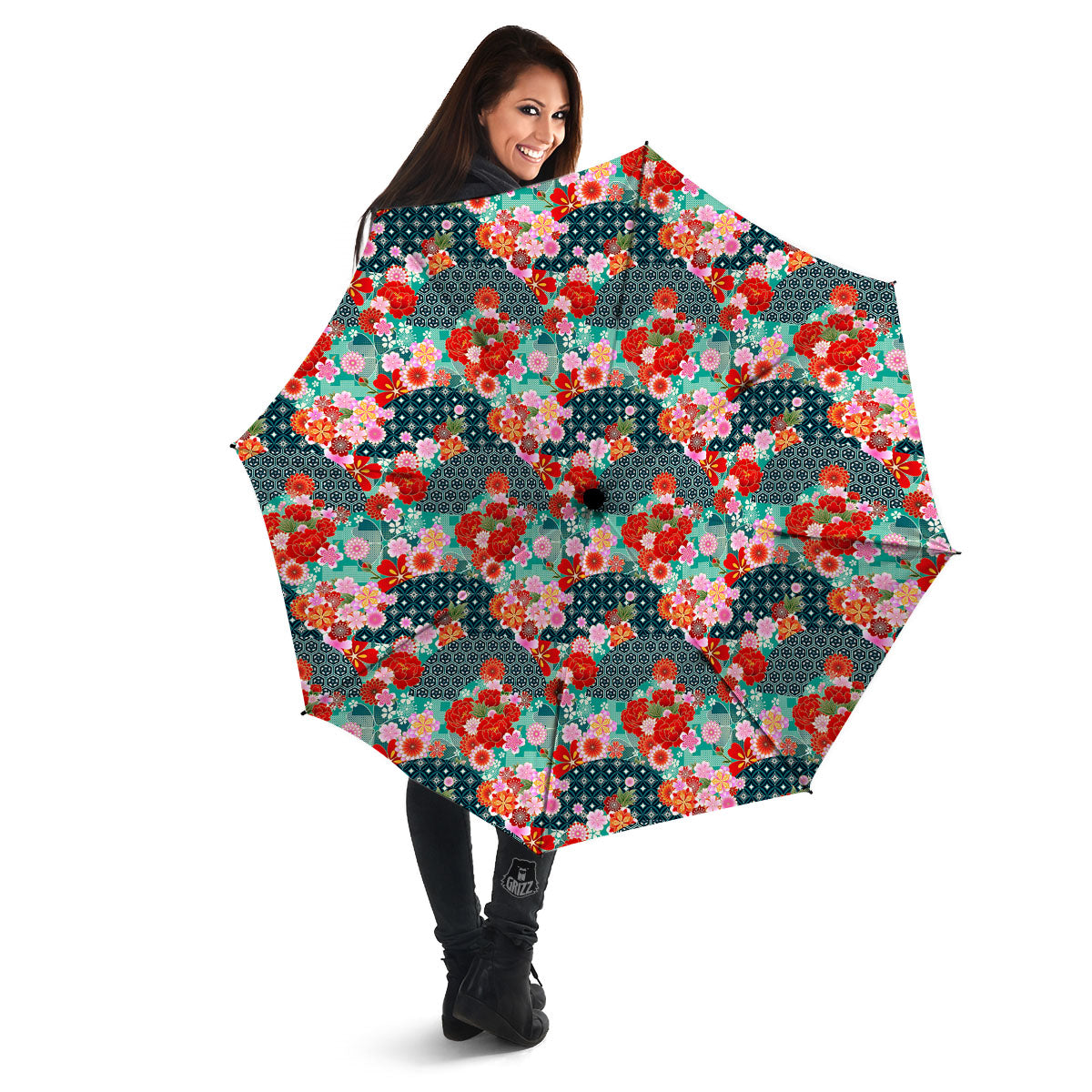 Japanese Flower Colorful Print Pattern Colorful Umbrella-grizzshop