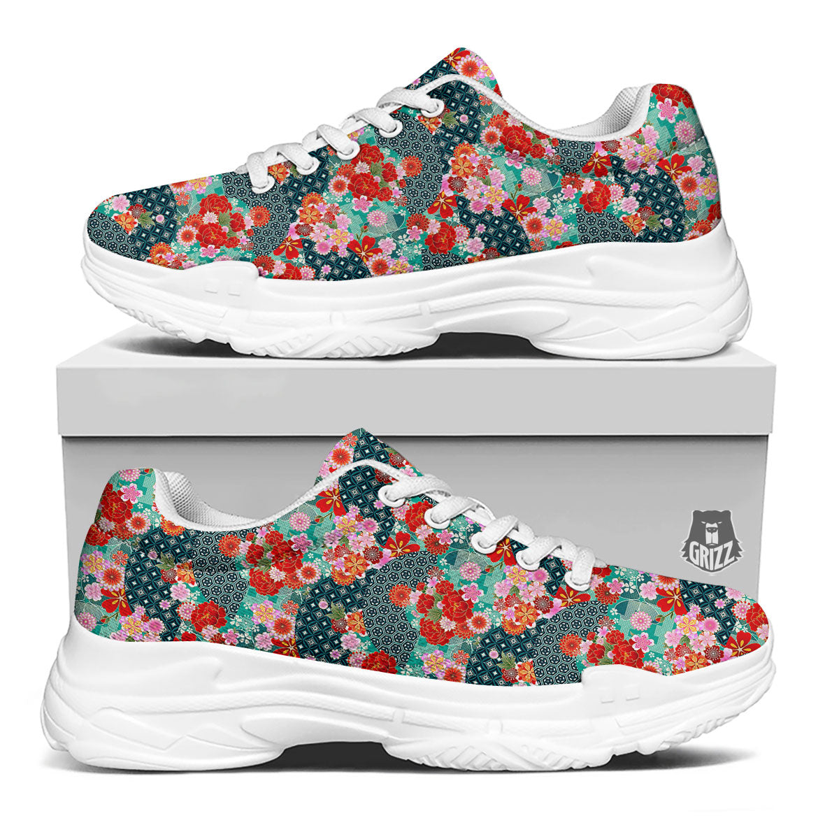 Japanese Flower Colorful Print Pattern Colorful White Chunky Shoes-grizzshop
