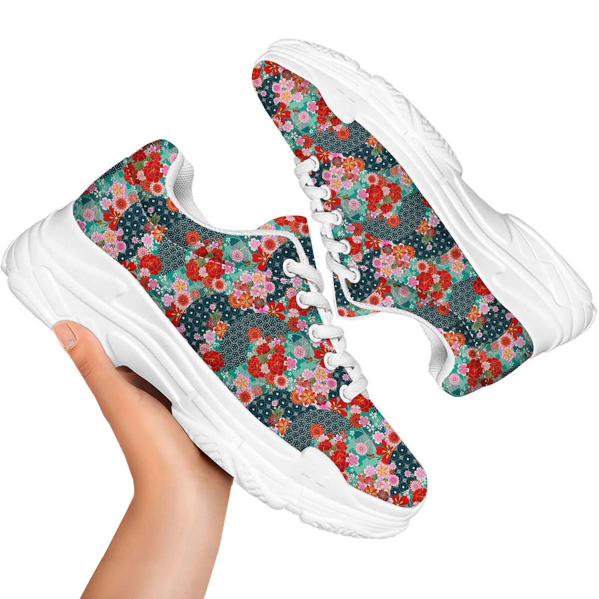 Japanese Flower Colorful Print Pattern Colorful White Chunky Shoes-grizzshop