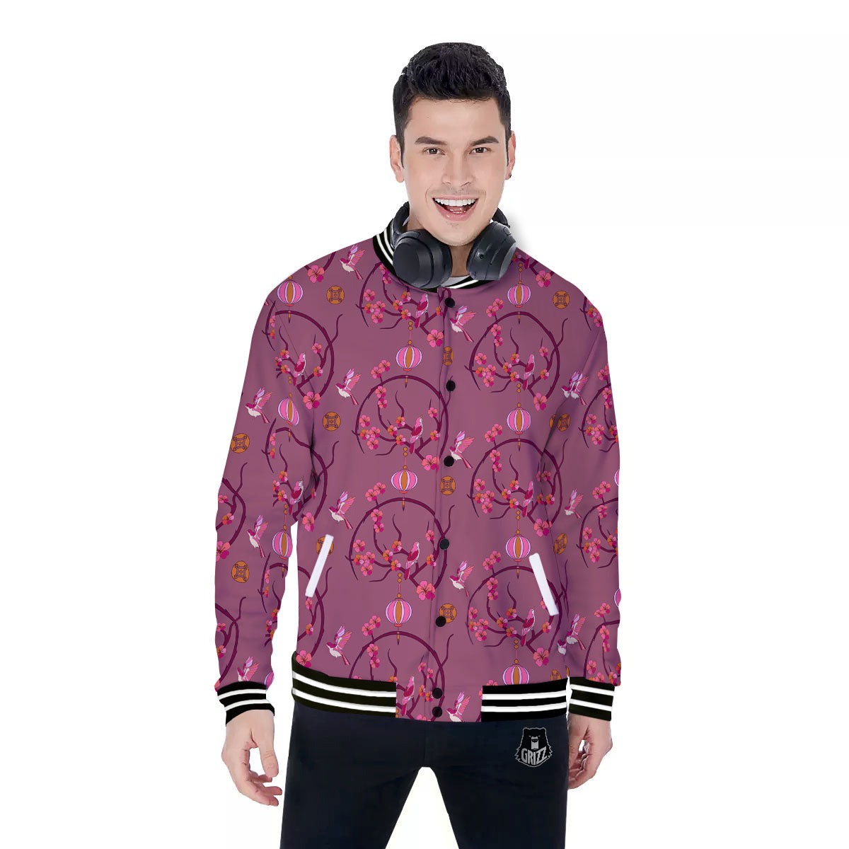 Japanese Lantern Pink Print Pattern Baseball Jacket-grizzshop