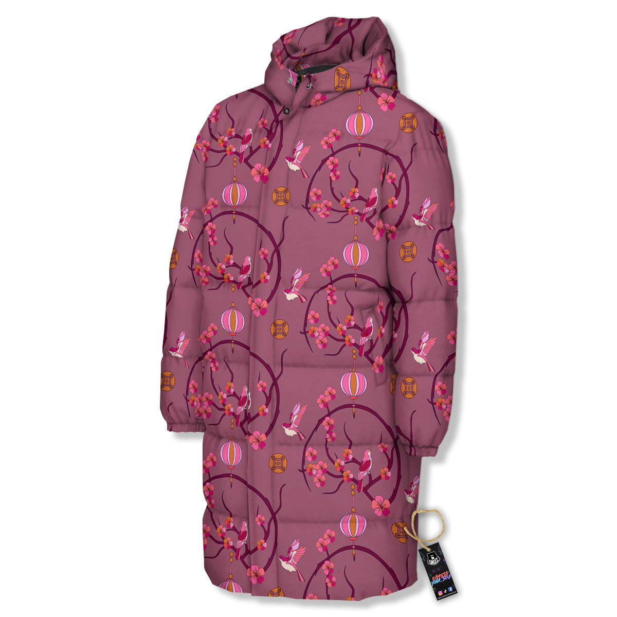 Japanese Lantern Pink Print Pattern Long Down Jacket-grizzshop