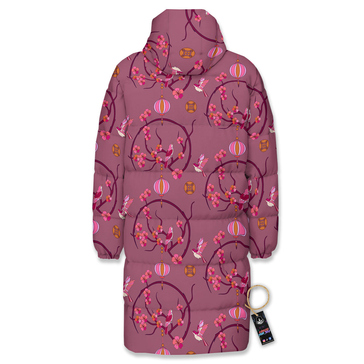 Japanese Lantern Pink Print Pattern Long Down Jacket-grizzshop