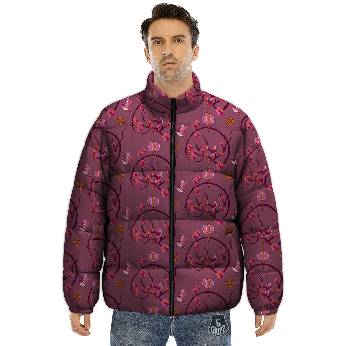 Japanese Lantern Pink Print Pattern Puffer Jacket-grizzshop