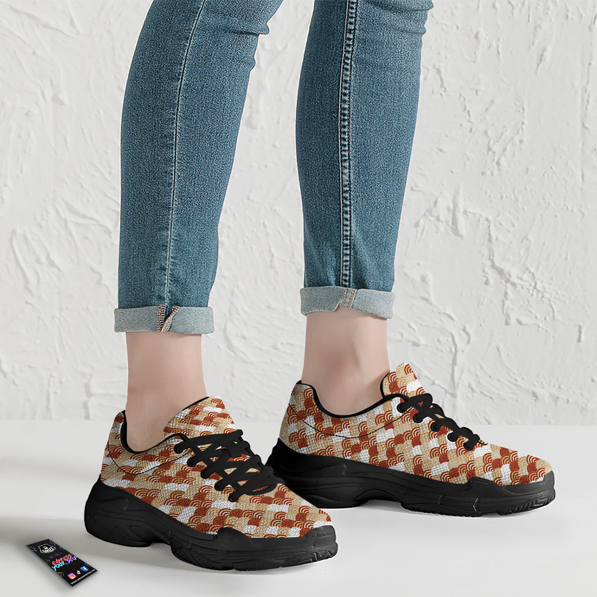 Japanese Red And Beige Print Pattern Black Chunky Shoes-grizzshop