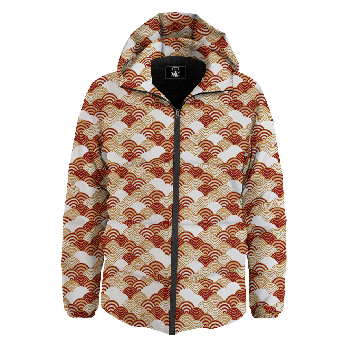 Japanese Red And Beige Print Pattern Down Jacket-grizzshop