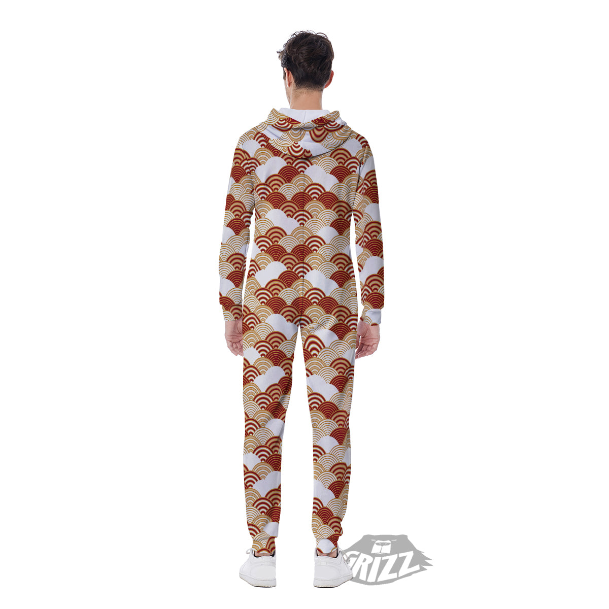 Japanese Red And Beige Print Pattern Men's Jumpsuit-grizzshop