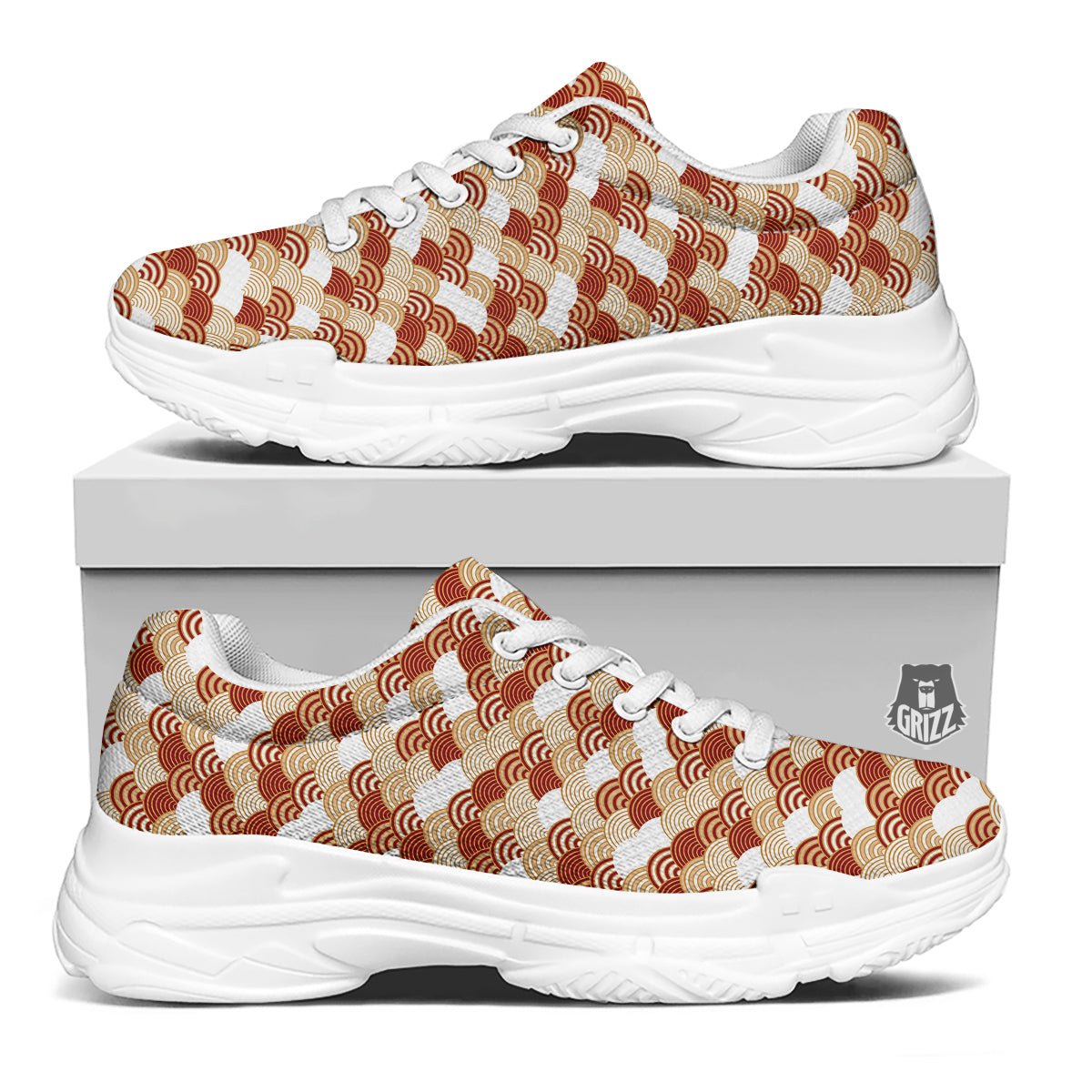 Japanese Red And Beige Print Pattern White Chunky Shoes-grizzshop