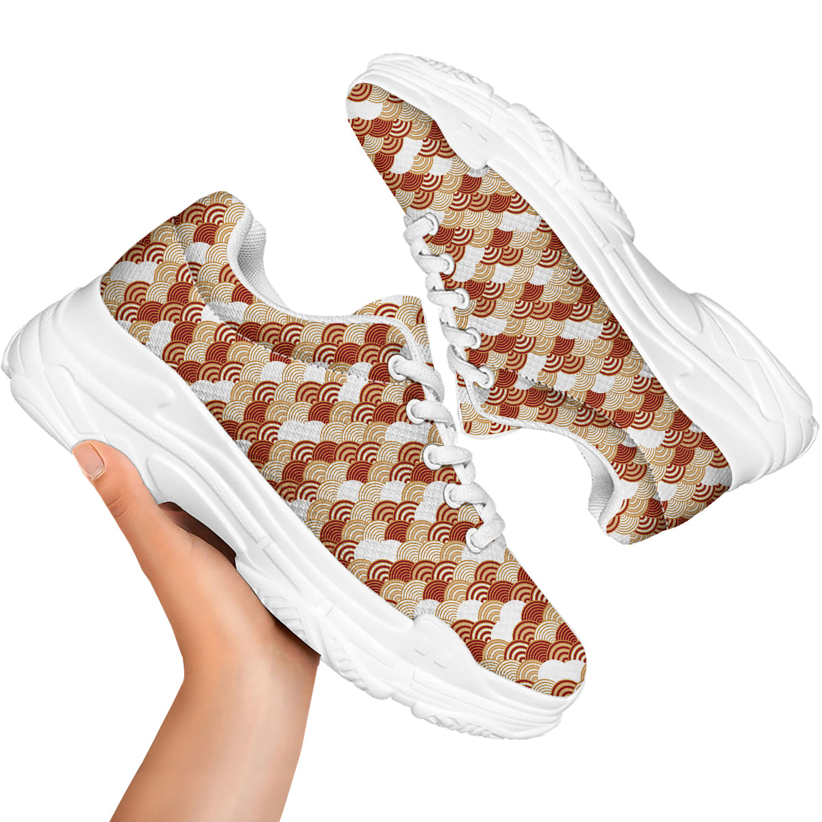 Japanese Red And Beige Print Pattern White Chunky Shoes-grizzshop