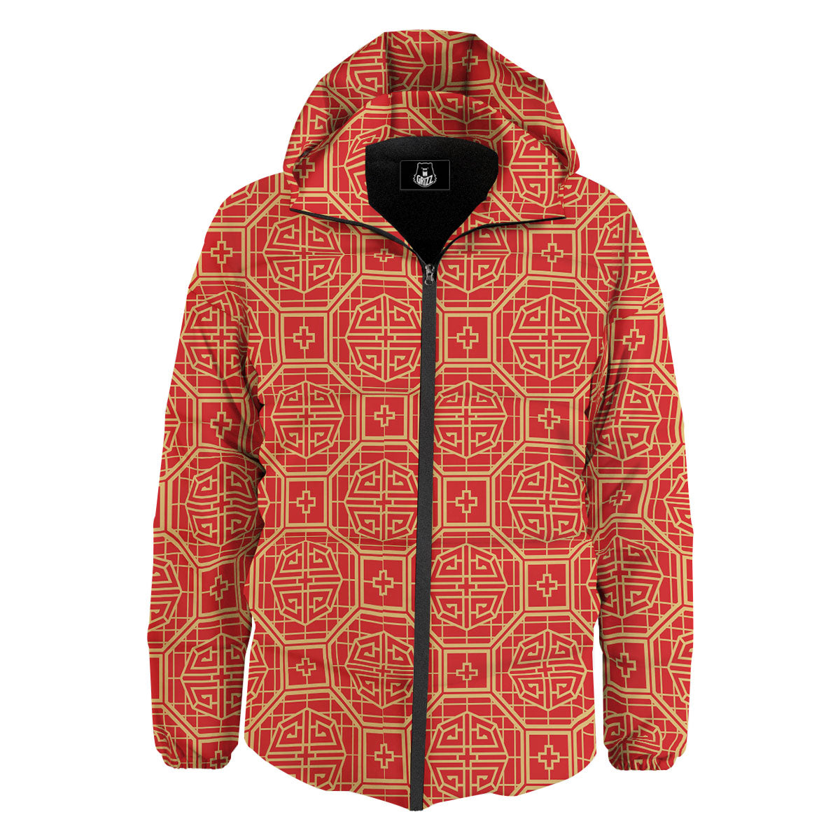 Japanese Red Geometric Print Pattern Down Jacket-grizzshop