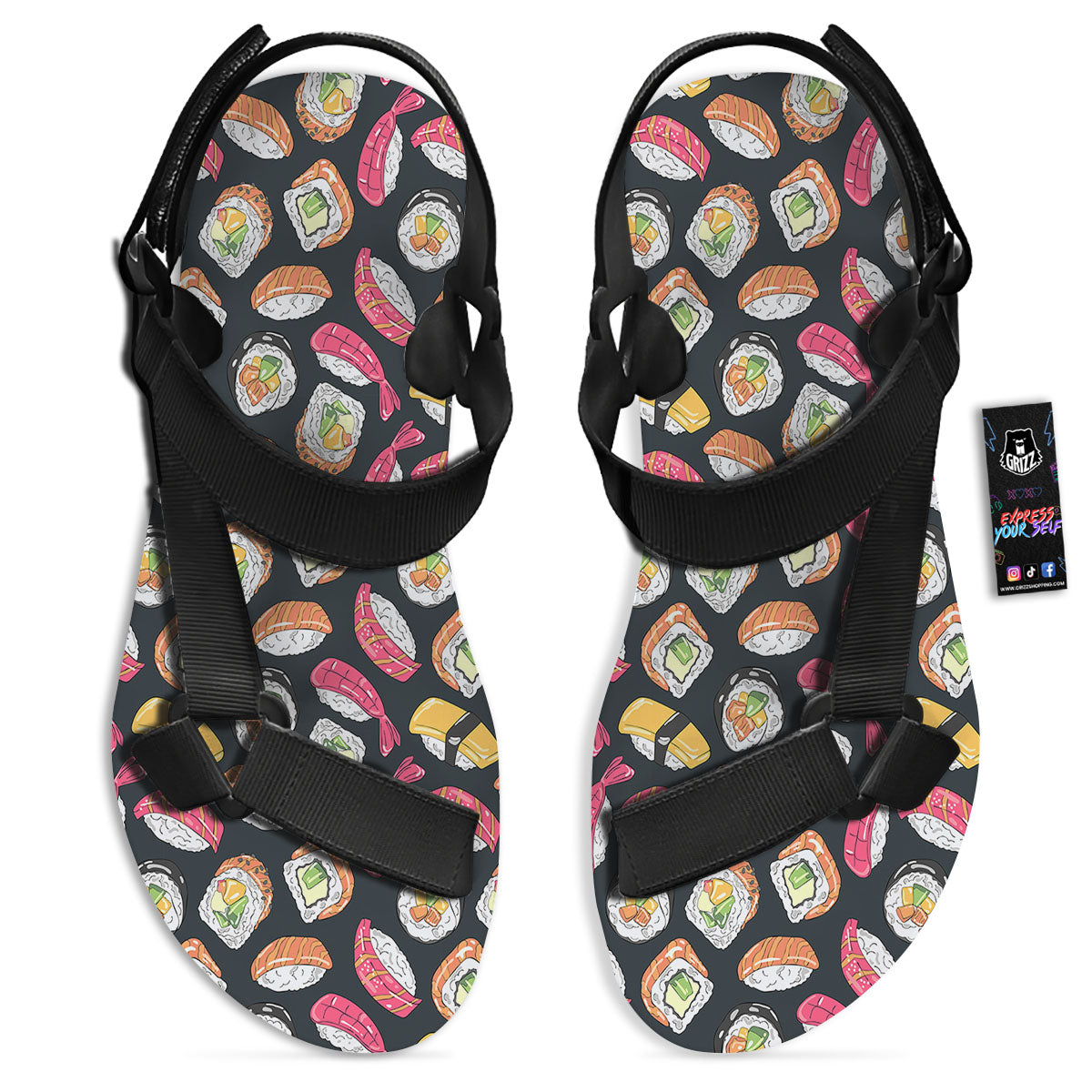 Japanese Sushi Print Pattern Black Open Toe Sandals-grizzshop