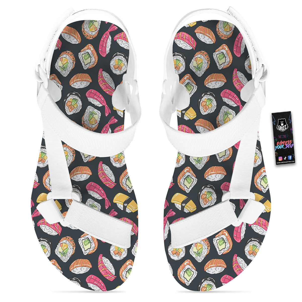 Japanese Sushi Print Pattern White Open Toe Sandals-grizzshop