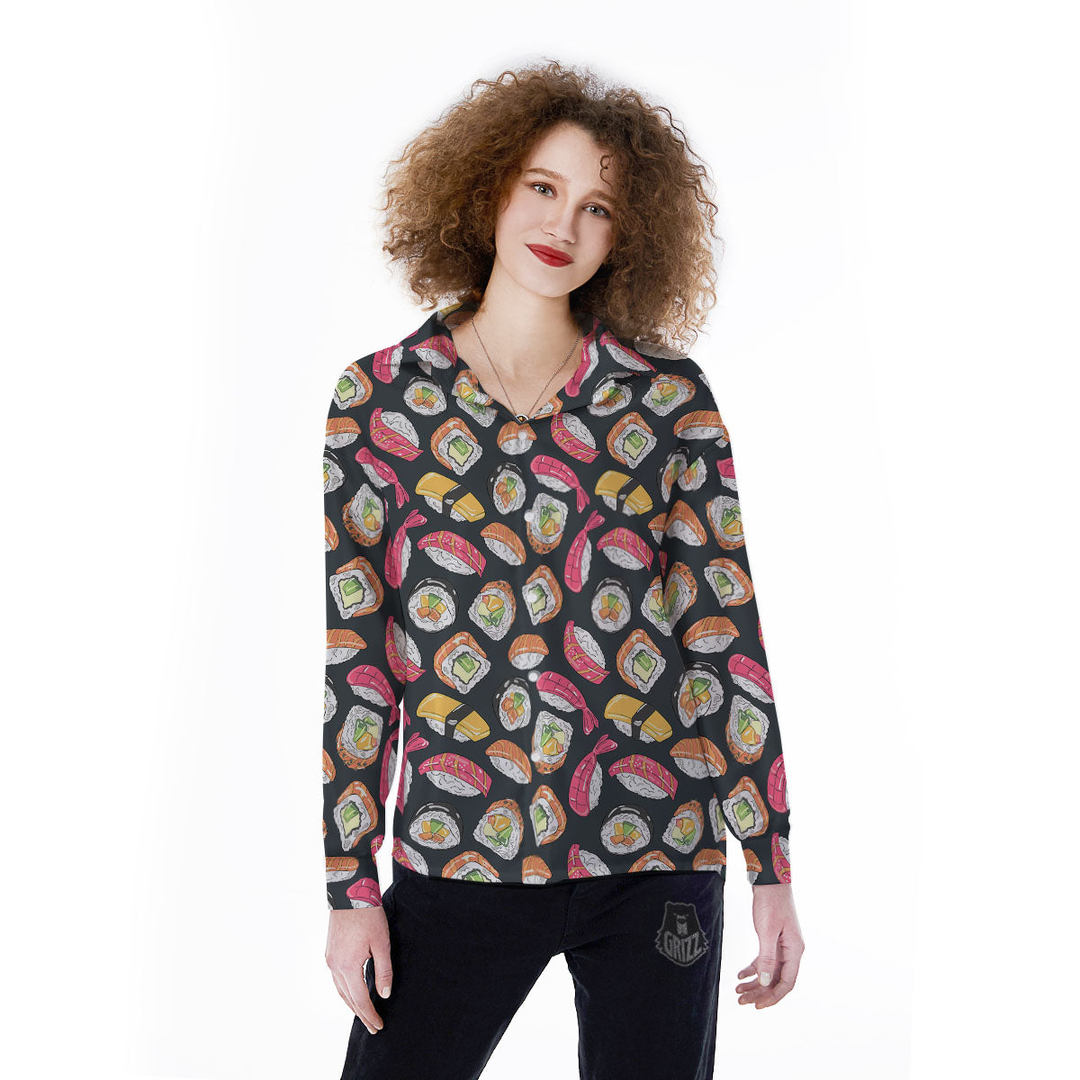 Japanese Sushi Print Pattern Women's Long Sleeve Shirts-grizzshop