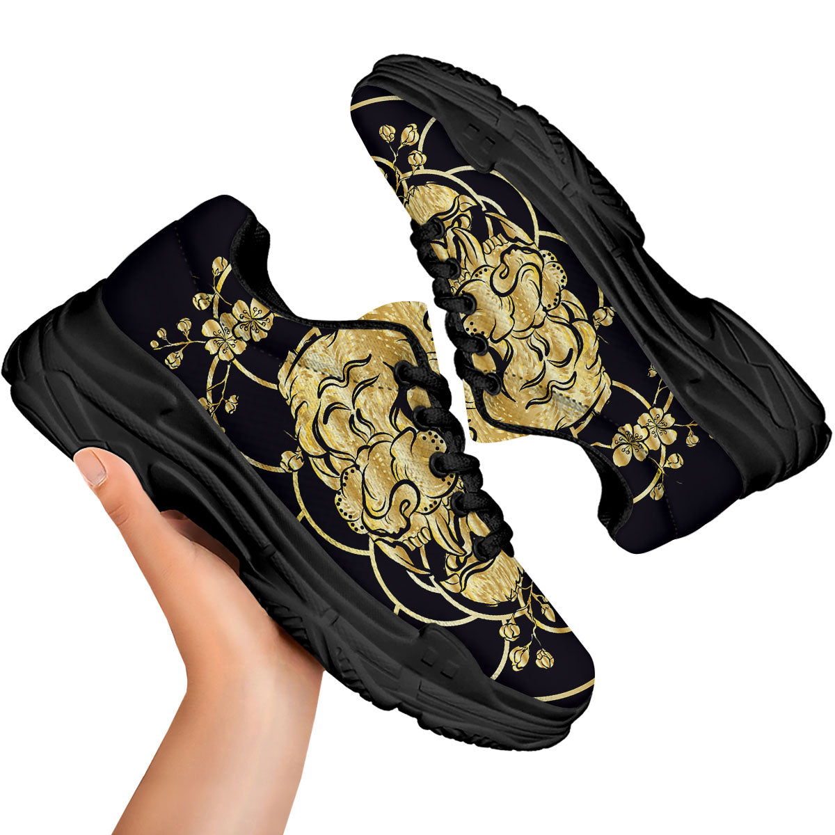 Japanese Tiger Gold And Black Print Black Chunky Shoes-grizzshop