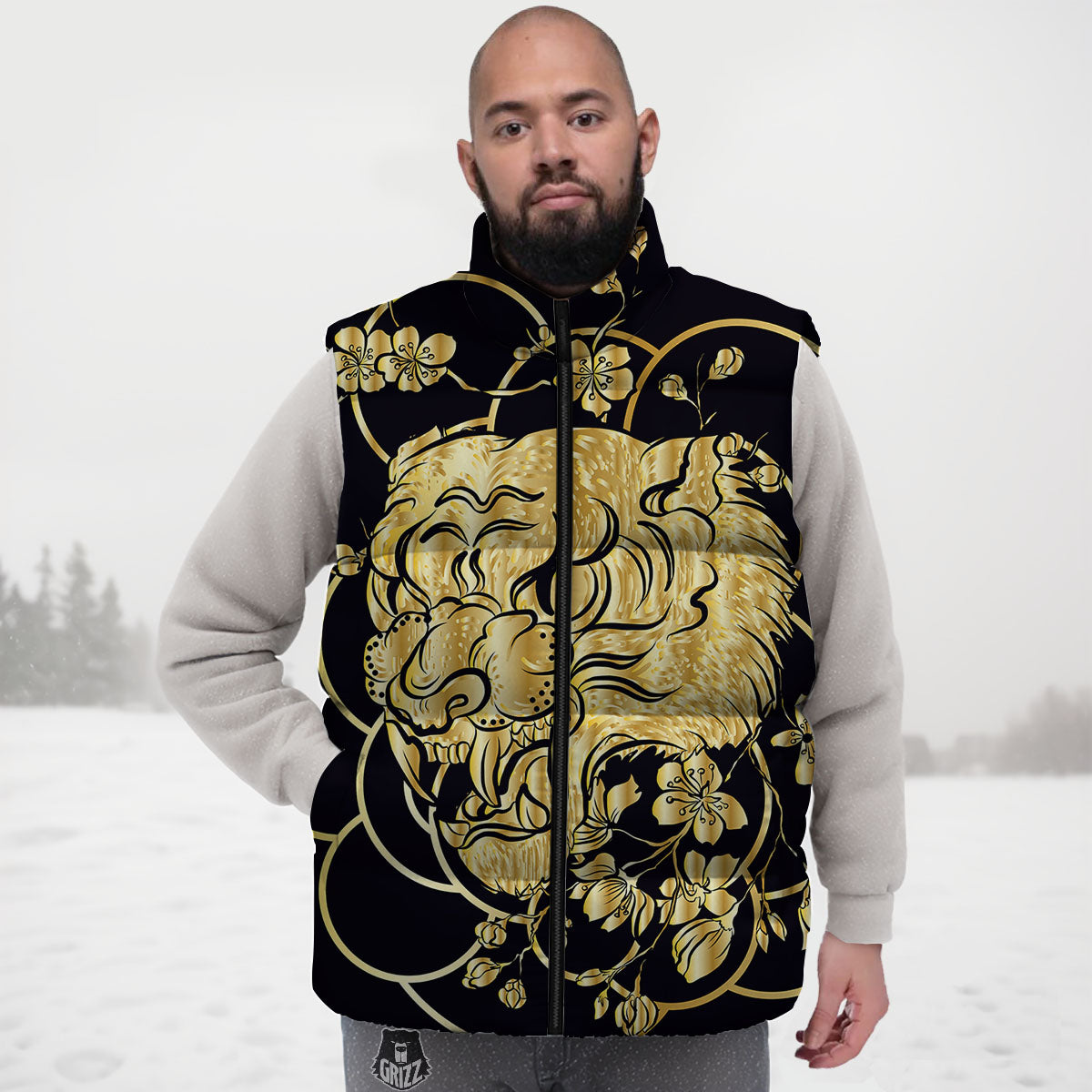 Japanese Tiger Gold And Black Print Down Vest