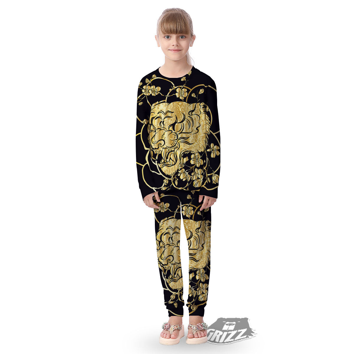 Japanese Tiger Gold And Black Print Kid's Pajamas-grizzshop