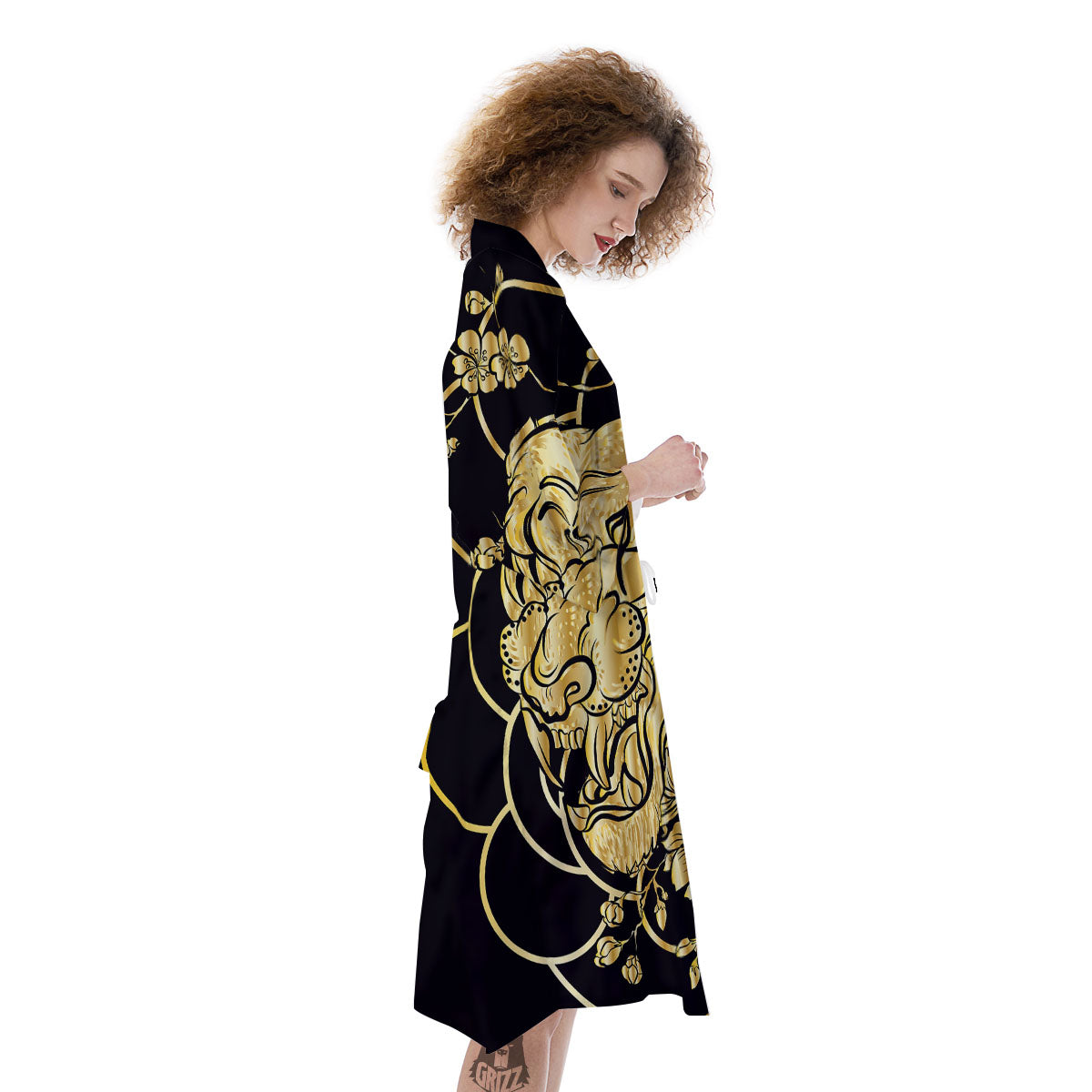 Japanese Tiger Gold And Black Print Kimono-grizzshop