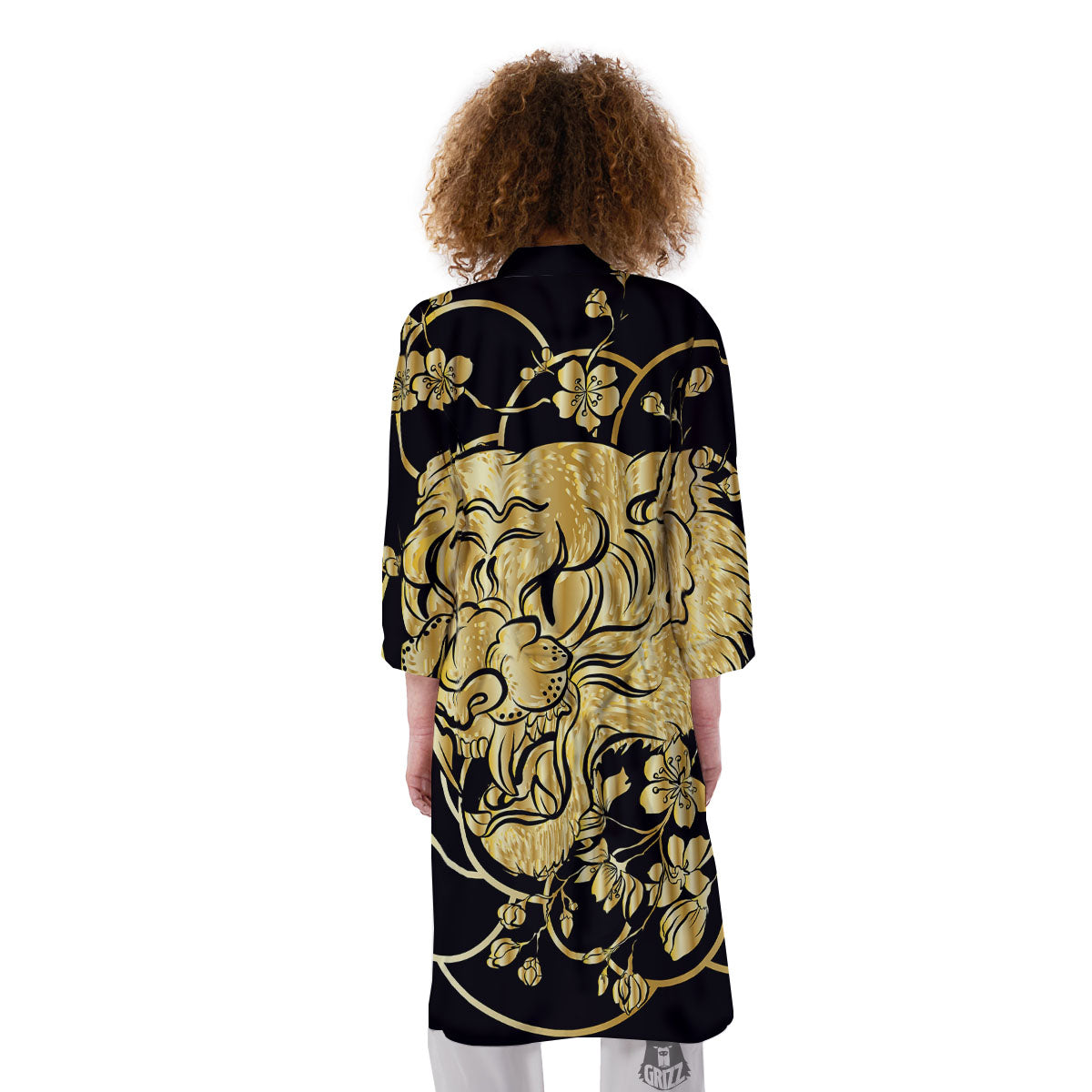Japanese Tiger Gold And Black Print Kimono-grizzshop