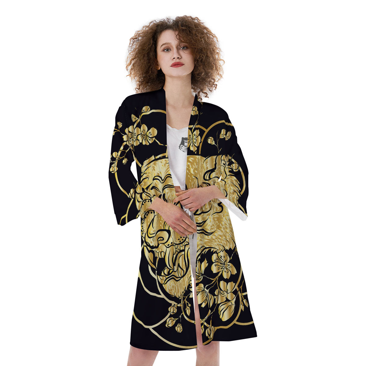Japanese Tiger Gold And Black Print Kimono-grizzshop