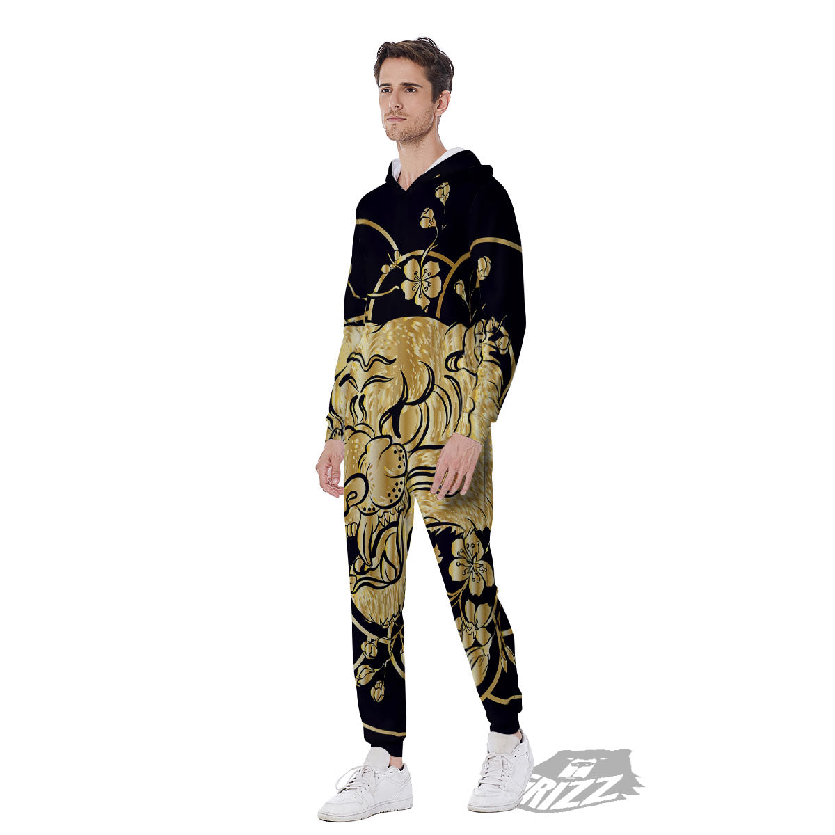 Japanese Tiger Gold And Black Print Men's Jumpsuit-grizzshop