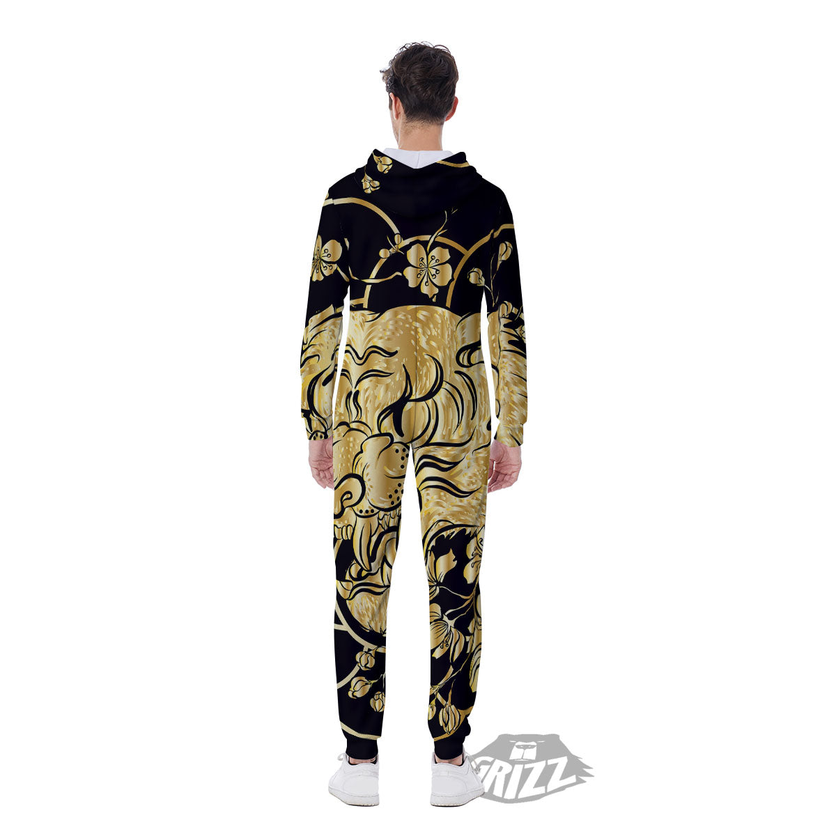 Japanese Tiger Gold And Black Print Men's Jumpsuit-grizzshop
