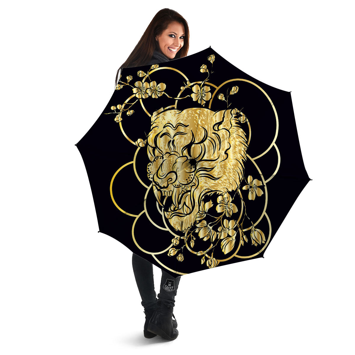 Japanese Tiger Gold And Black Print Umbrella-grizzshop